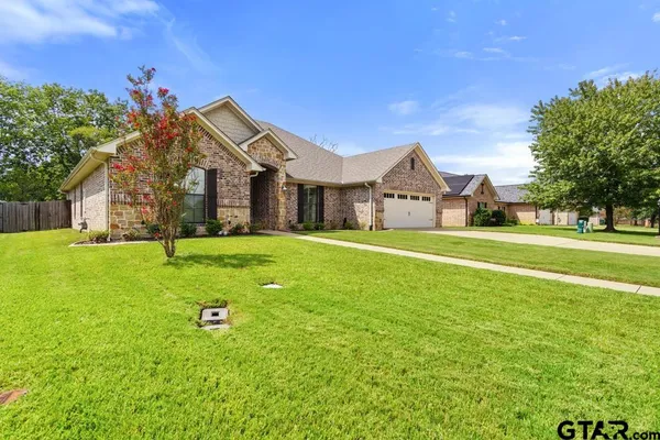 a front view of house with yard and green space