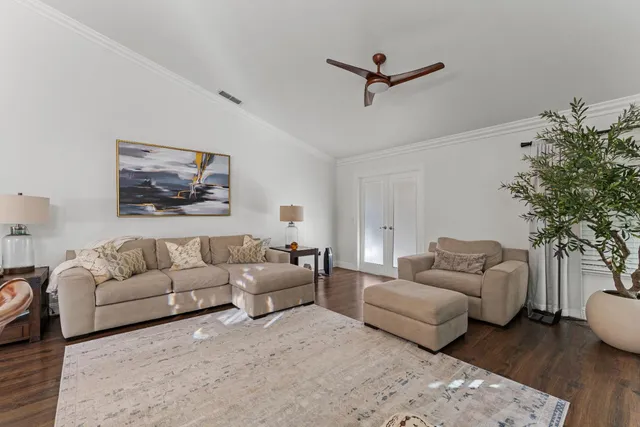 a living room with furniture and a potted plant