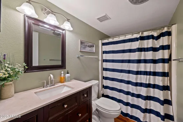 a bathroom with a sink a toilet a mirror and shower curtain