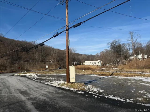 a street sign on a sidewalk next to a road