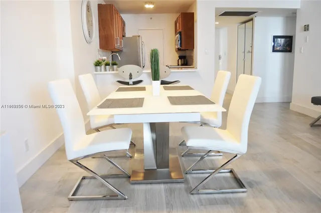 a view of a dining room with furniture