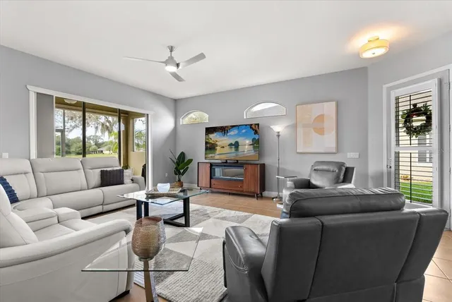 a living room with furniture and a large window