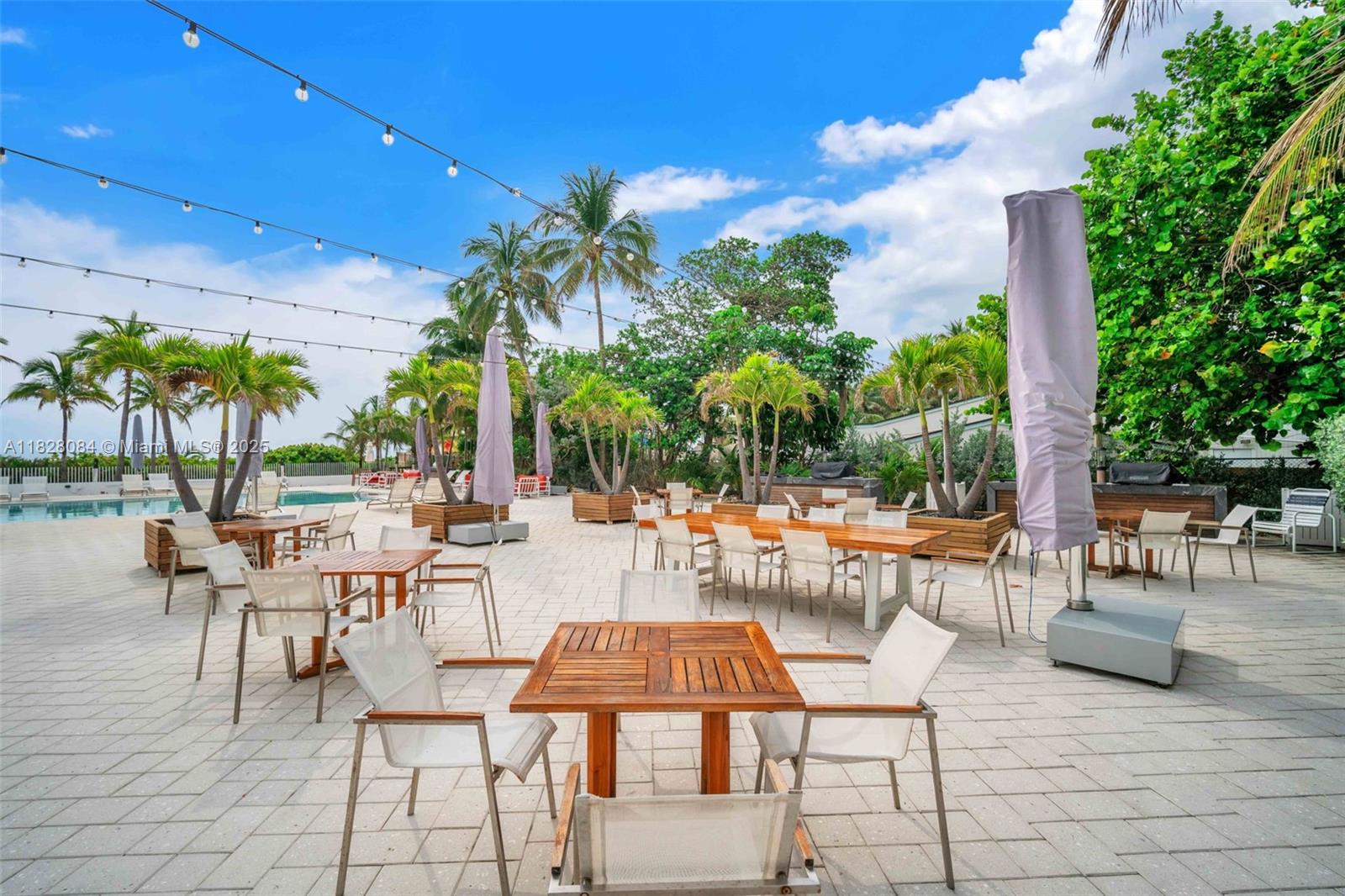 611 Ocean Drive, Unit 3E Key Biscayne, FL 33149 - Photo 21 of 30 a view of a patio with dining table and chairs with plants and palm trees