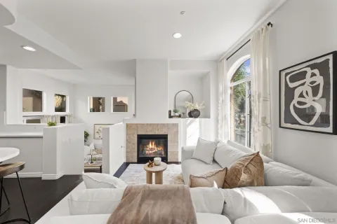 a living room with furniture and a fireplace