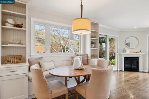 a view of a dining room with furniture window and outside view