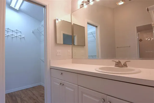a bathroom with a sink and a mirror