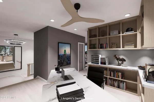 a bedroom with a bed and painting on the wall