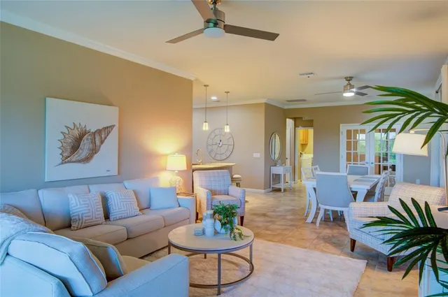 a living room with furniture potted plant and a window