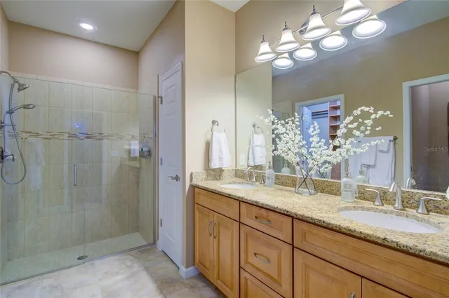 a bathroom with a double vanity sink mirror and shower