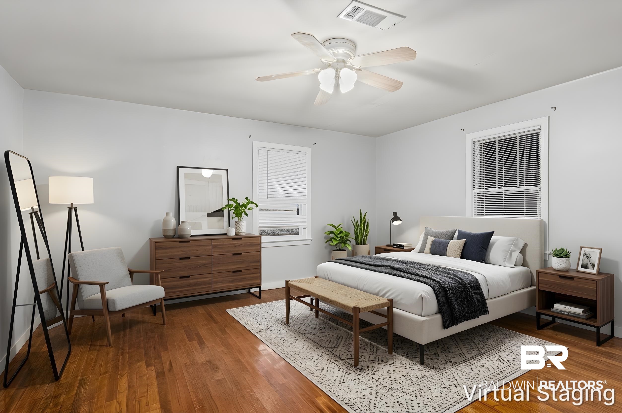 312 Sutherland Drive Mobile, AL 36611 - Photo 20 of 28 Spacious interior featuring wood-finish flooring, a ceiling fan, and multiple windows with blinds
