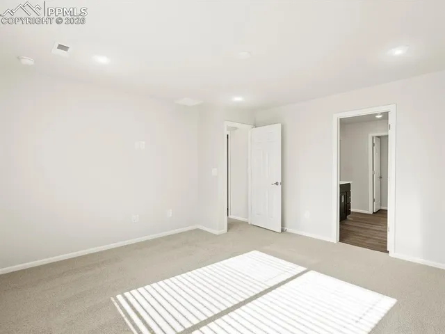 a room with a bed and a cabinets