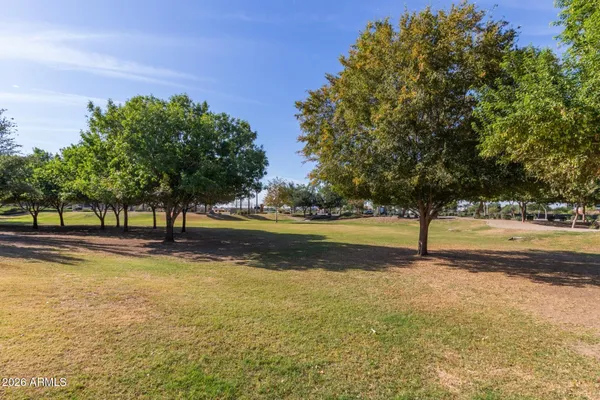 a view of yard with swimming pool and trees