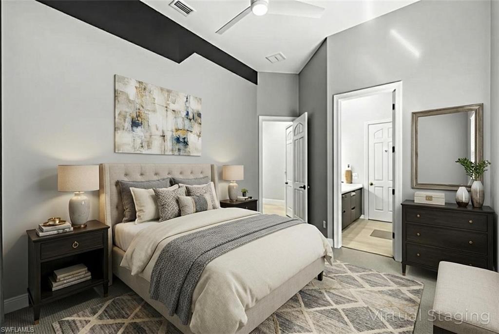 480 Terracina Way Naples, FL 34119 - Photo 23 of 40 Carpeted bedroom with a ceiling fan and ensuite bath