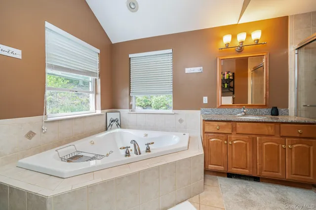 a bathroom with a tub sink and mirror