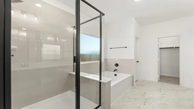 a bathroom with a bathtub and a shower
