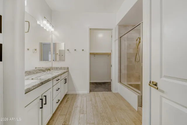 a bathroom with a sink a mirror a vanity and a shower