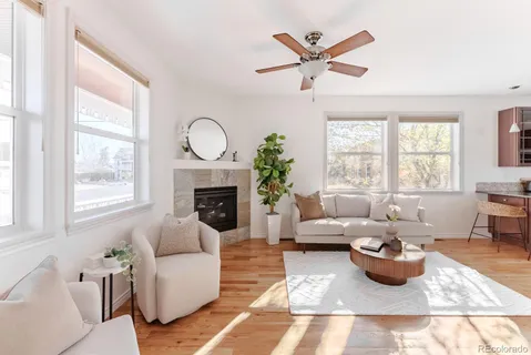 a living room with furniture a fireplace windows and a chandelier