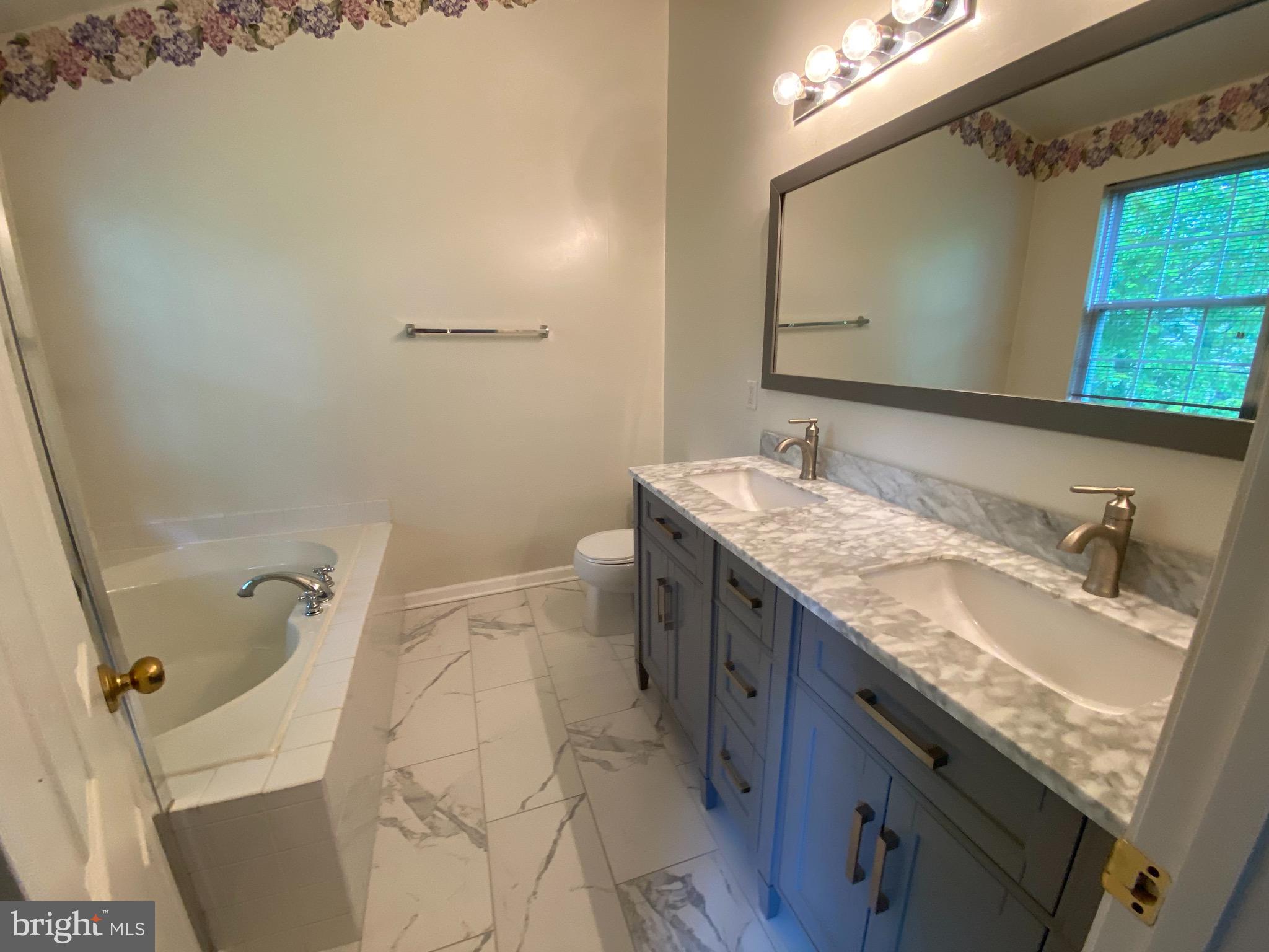 4110 Flower Fairfax, VA 22030 - Photo 17 of 64 a bathroom with a granite countertop sink a mirror and a bathtub