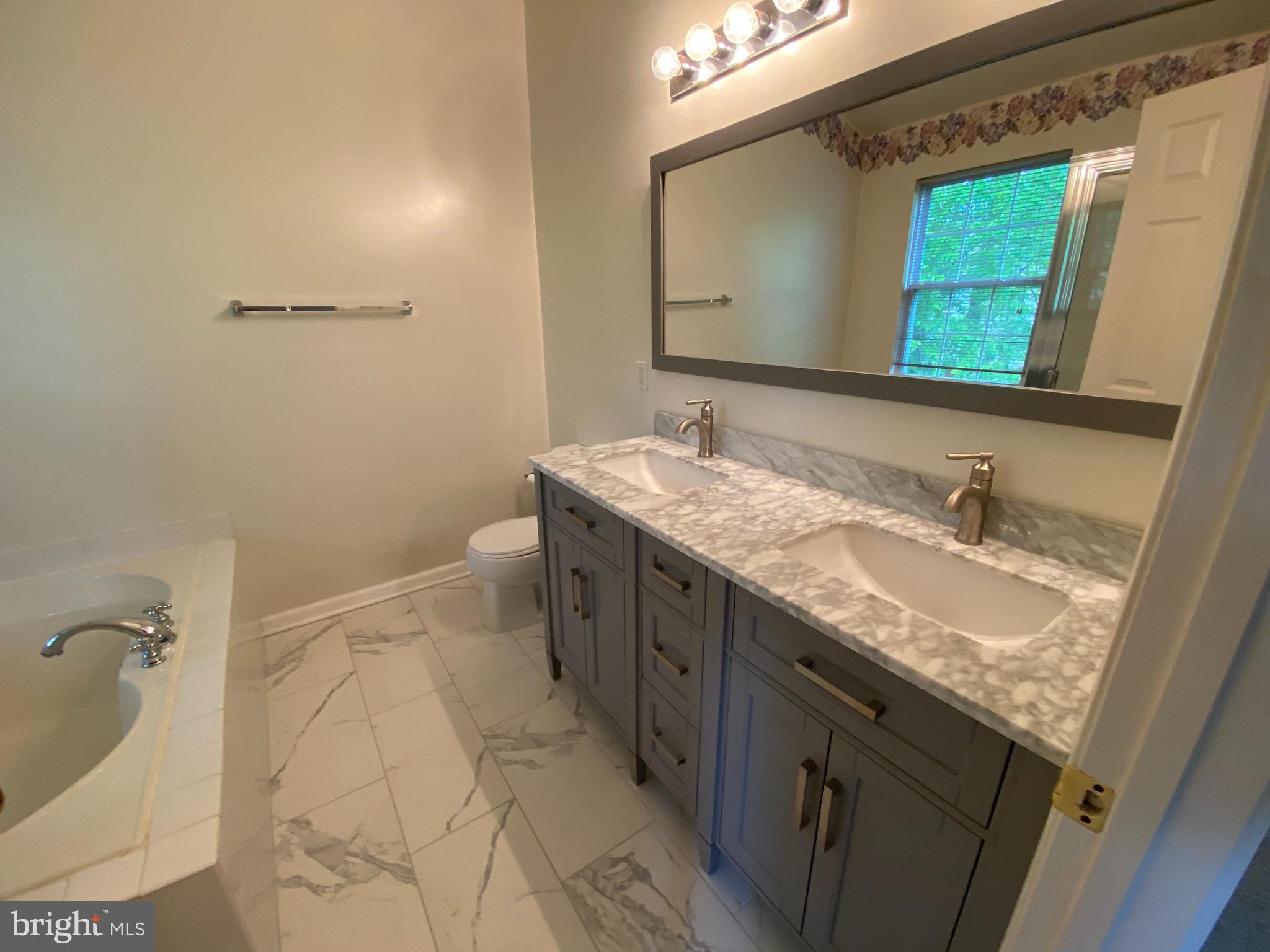 4110 Flower Fairfax, VA 22030 - Photo 23 of 64 a bathroom with a granite countertop sink a mirror and a toilet