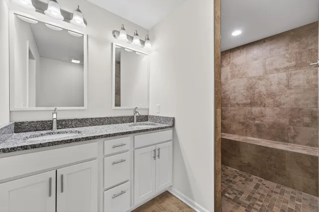 a bathroom with a granite countertop sink a mirror and a shower