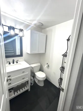 a bathroom with a sink toilet and mirror