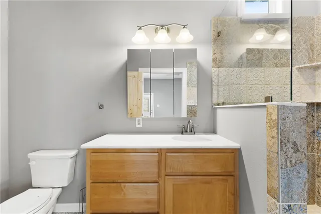 a bathroom with a sink a toilet and shower