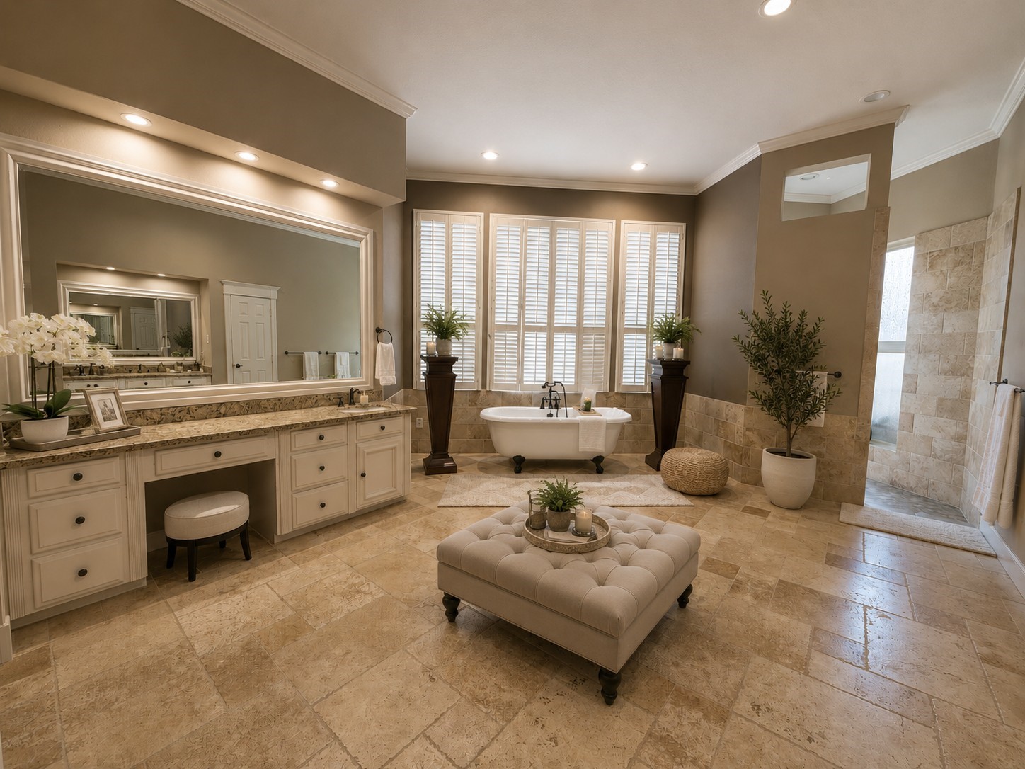 15923 Harwick Drive Spring, TX 77379 - Photo 10 of 16 The primary bathroom was beautifully remodeled with nocce travertine floors and granite vanity. (Virtually staged with accessories)