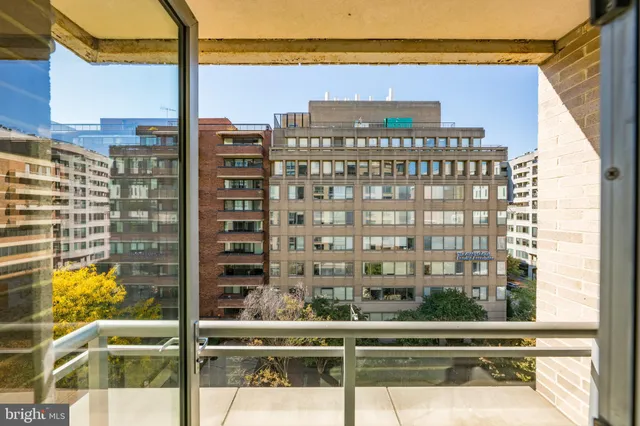 a view of a building from a balcony