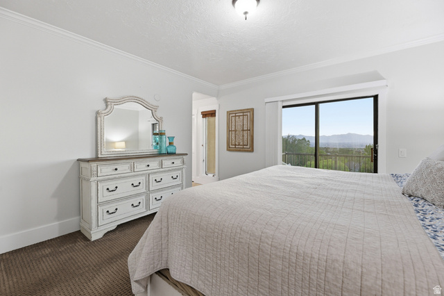 2342 Charros Road Sandy, UT 84092 - Photo 31 of 94 Bedroom featuring a sliding glass door to an exterior balcony, crown molding, baseboards, and textured carpeting