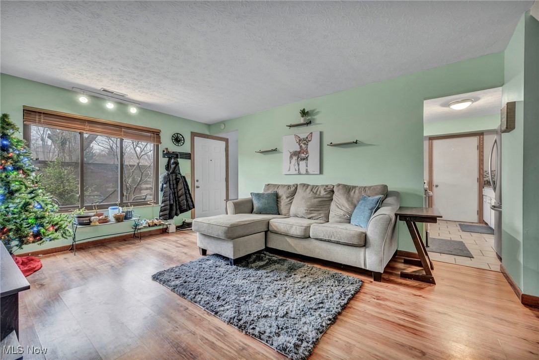 9956 Johnnycake Ridge Road, Unit B5 Painesville, OH 44077 - Photo 15 of 24 Living room featuring a textured ceiling, light hardwood / wood-style floors, and track lighting