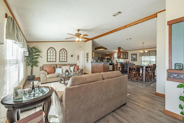 a living room with furniture a window and a potted plant