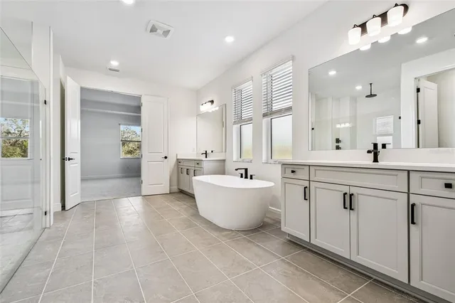a bathroom with a double vanity sink toilet mirror and bathtub