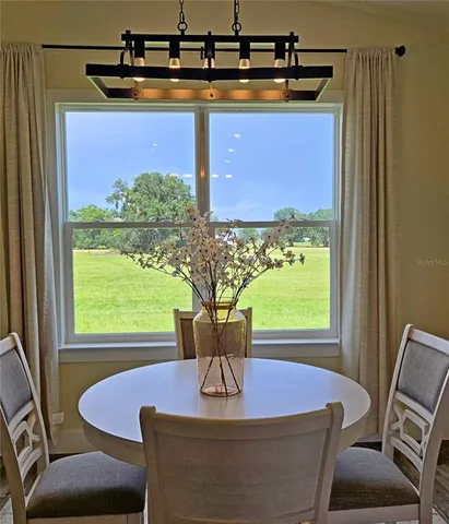 a view of table with chair and potted plant