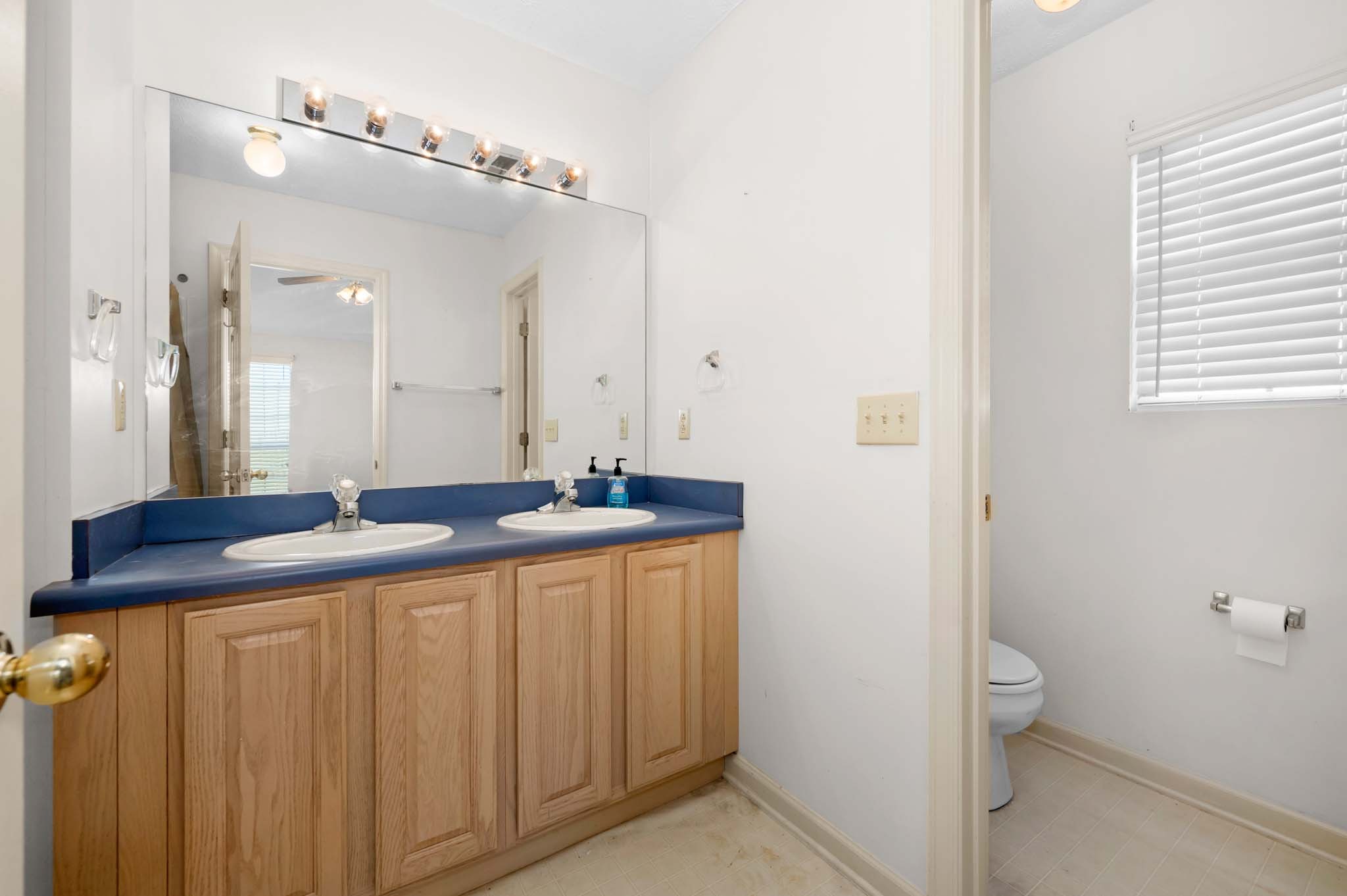 3624 Burwick Place Antioch, TN 37013 - Photo 24 of 31 a bathroom with a granite countertop sink a toilet and a mirror
