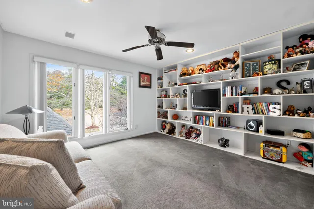 a living room with lots of furniture and a book shelf