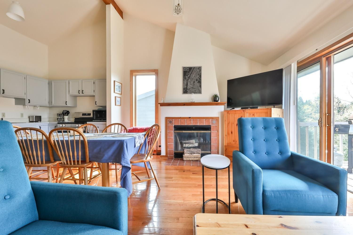 28-1 Loo Bridge Lane, Unit 22A Windham, NY 12496 - Photo 28 of 35 a living room with furniture a fireplace and a flat screen tv