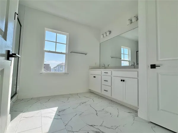 a view of cabinets and window