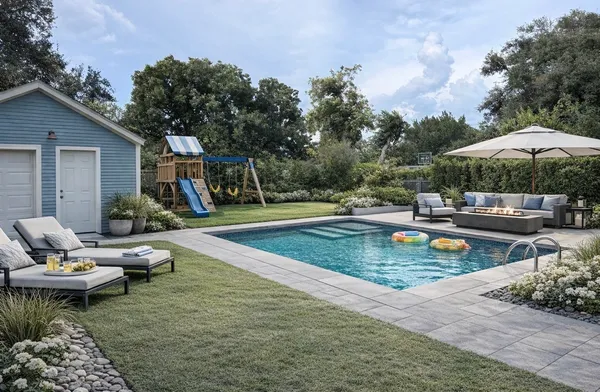 a swimming pool with outdoor seating and barbeque oven