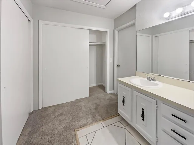 a spacious bathroom with a sink and a mirror