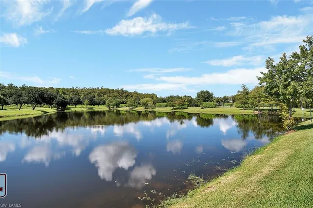 a view of a lake with houses in the back