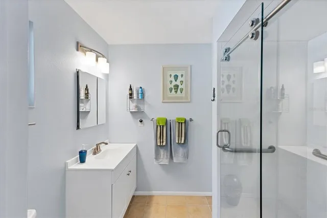 a bathroom with a sink a mirror and a shower