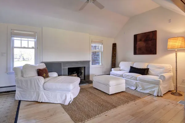 a living room with furniture and a fireplace