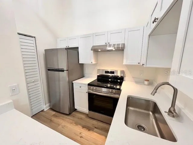 a kitchen with refrigerator a stove a sink and cabinets