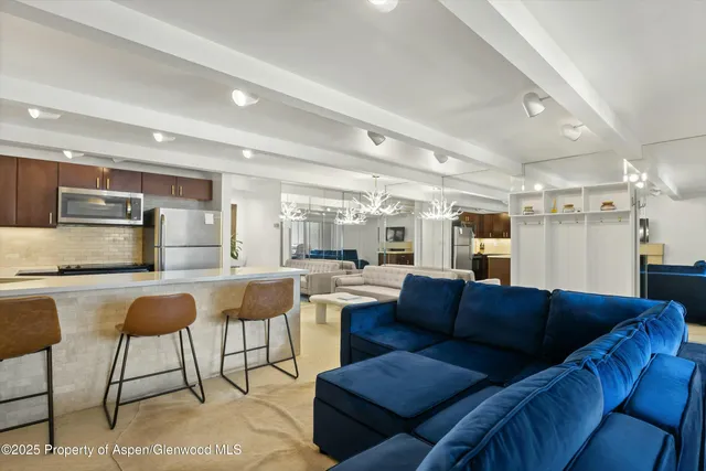 a living room with stainless steel appliances kitchen island granite countertop furniture and a view of kitchen