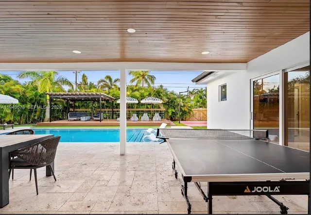 a view of a house with backyard and sitting area
