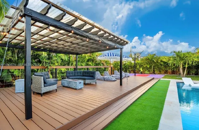 a view of a patio with table and chairs next to a yard