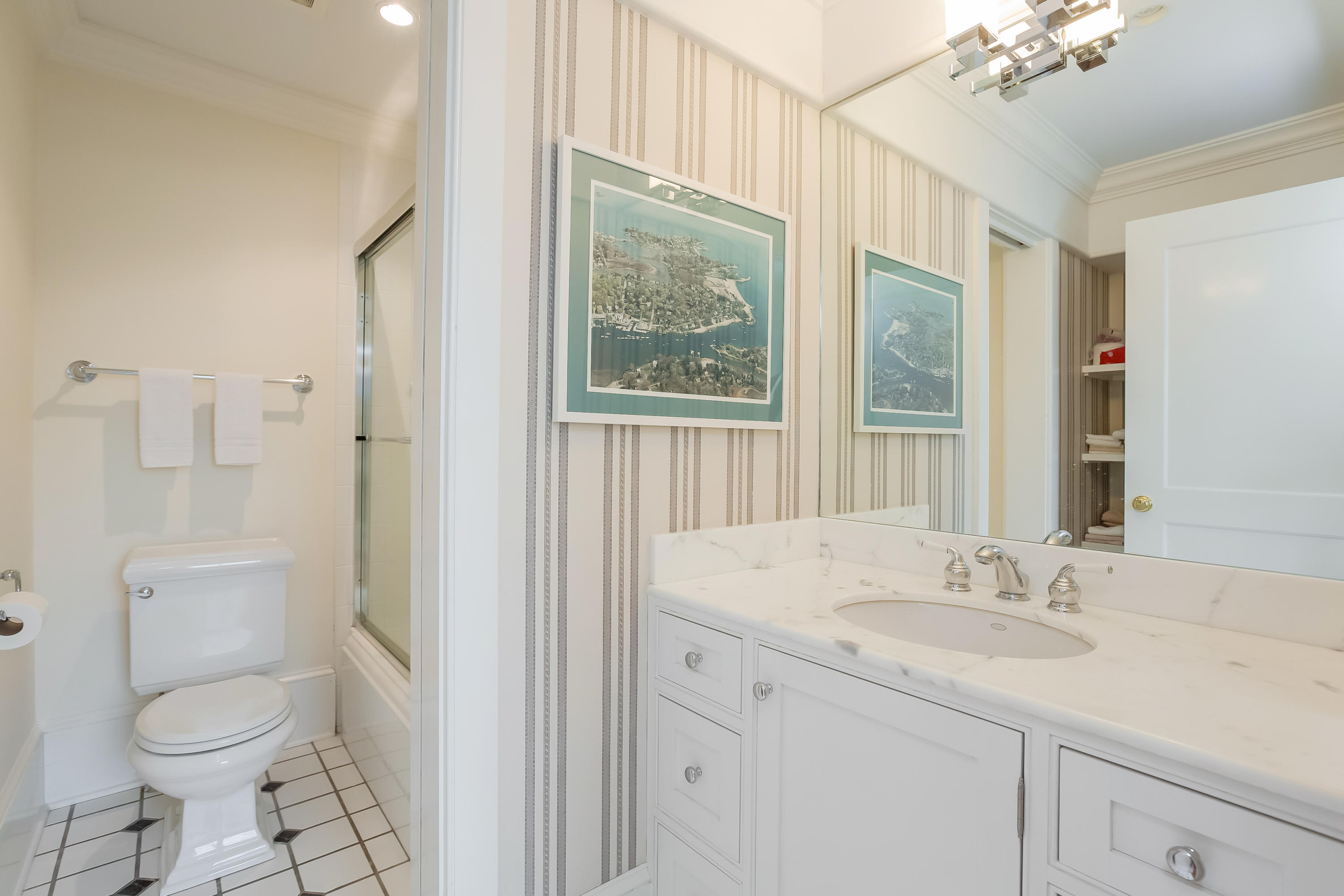 13 Crescent Beach Road Rowayton, CT 06853 - Photo 29 of 40 a bathroom with a granite countertop sink toilet and shower