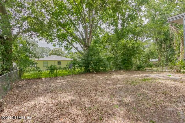 a view of a big yard with plants and large trees