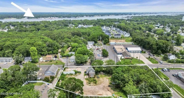 an aerial view of a residential houses with outdoor space and trees