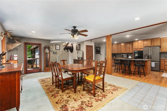 a view of a dining room with furniture